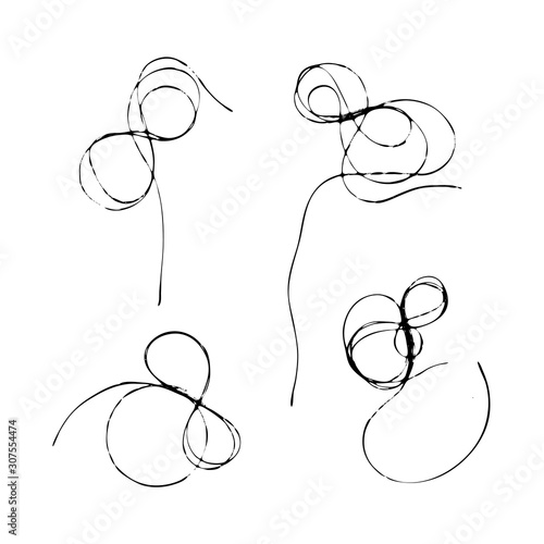 Set of tangled threads. Infinity sign, thread eight. Black line abstract sketch. Chaotic doodle shapes. Vector EPS 10