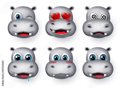 Hippopotamus emojis and emoticon vector set. Hippo emoticons animal avatar face with in love, dizzy, hungry, excited, cute and blushing character emotion isolated in white background. 