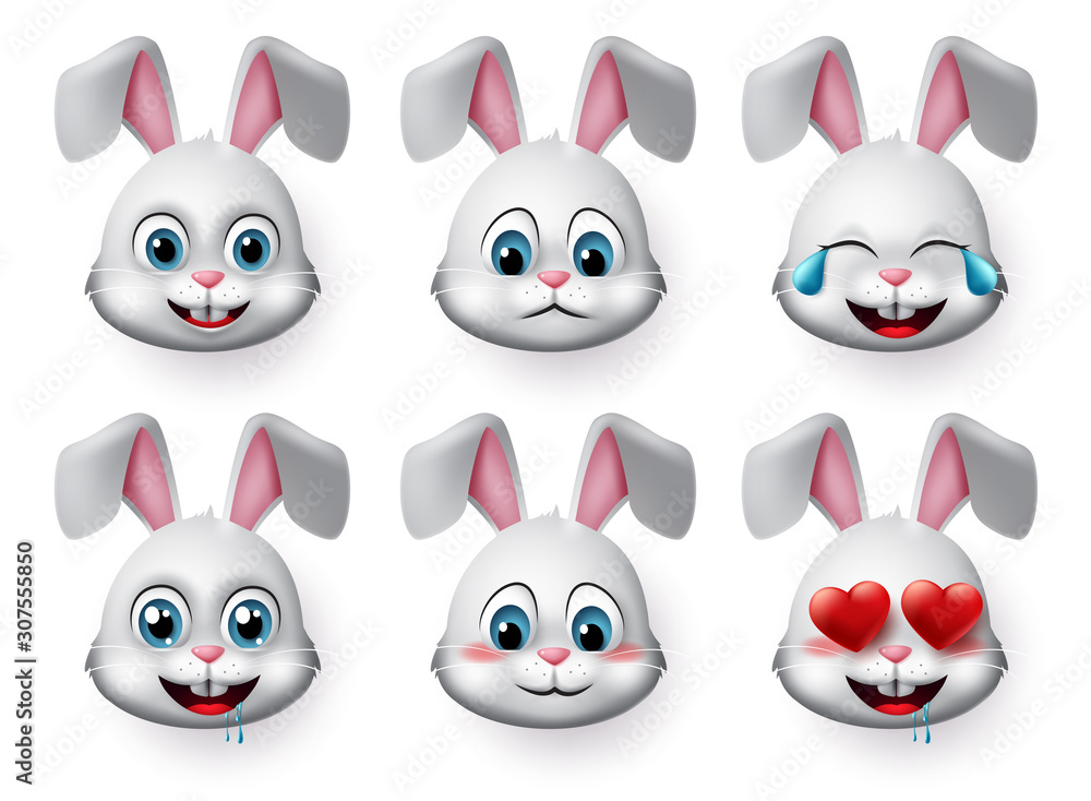 Rabbit emojis vector set. Rabbit or bunny emoticon cute face animal