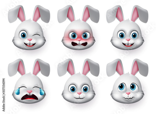 Emoticon rabbit face vector set. Rabbit or bunny emojis and emotions animal face with angry, crying, scared and cute faces for character sign and symbol isolated in white background. 
