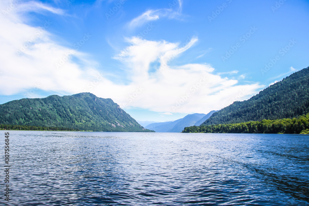 Altay Telezkoye lake beautiful mountains, green trees, pines, breathtaking views, landscapes and panoramas Russia