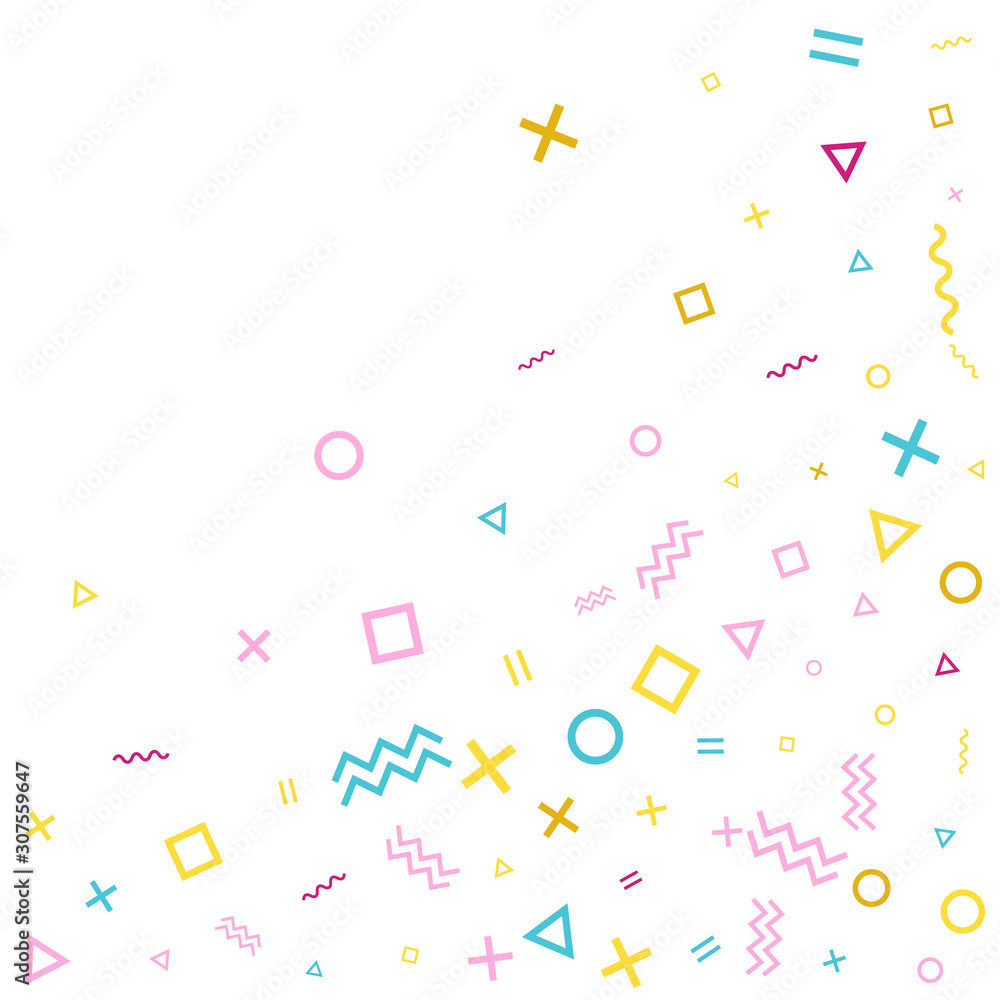 Memphis style geometric confetti vector background with triangle, circle, square shapes, zigzag and wavy line ribbons. Memphis style geometric confetti vector background with triangle, circle, square shapes, zigzag and wavy line ribbons.