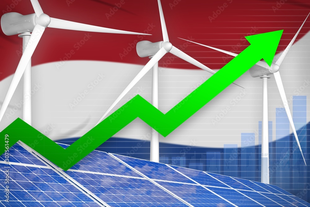 Fototapeta premium Netherlands solar and wind energy rising chart, arrow up - renewable natural energy industrial illustration. 3D Illustration