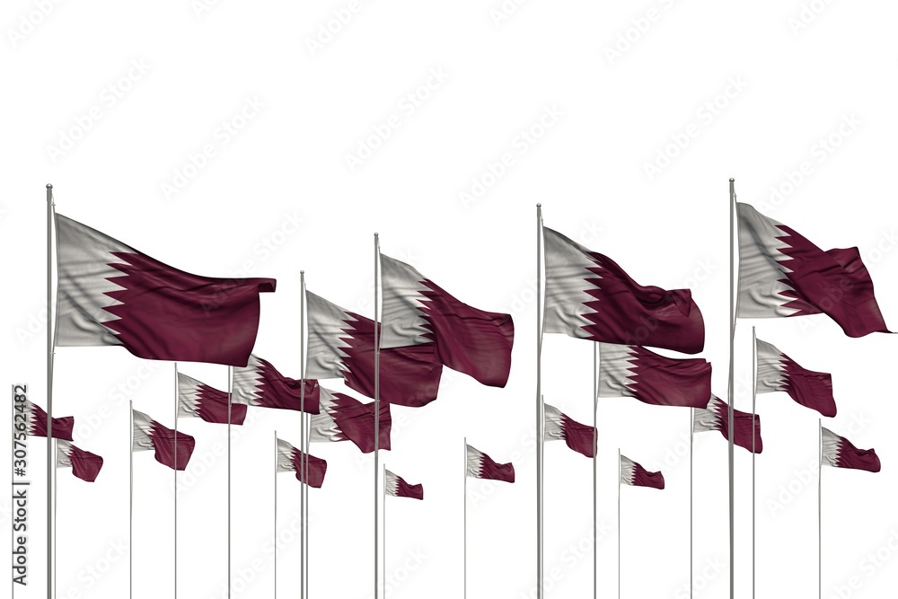 pretty any feast flag 3d illustration. - many Qatar flags in a row isolated on white with free place for your text pretty any feast flag 3d illustration. - many Qatar flags in a row isolated on white with free place for your text