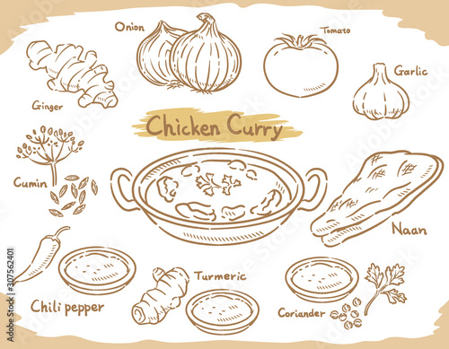 Vegetables, Indian spices for chicken curry isolated on white.