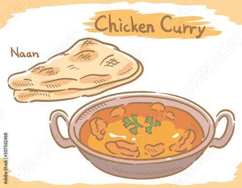 Chicken curry with Naan isolated on white.