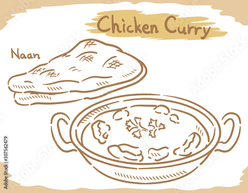 Chicken curry with Naan isolated on white.