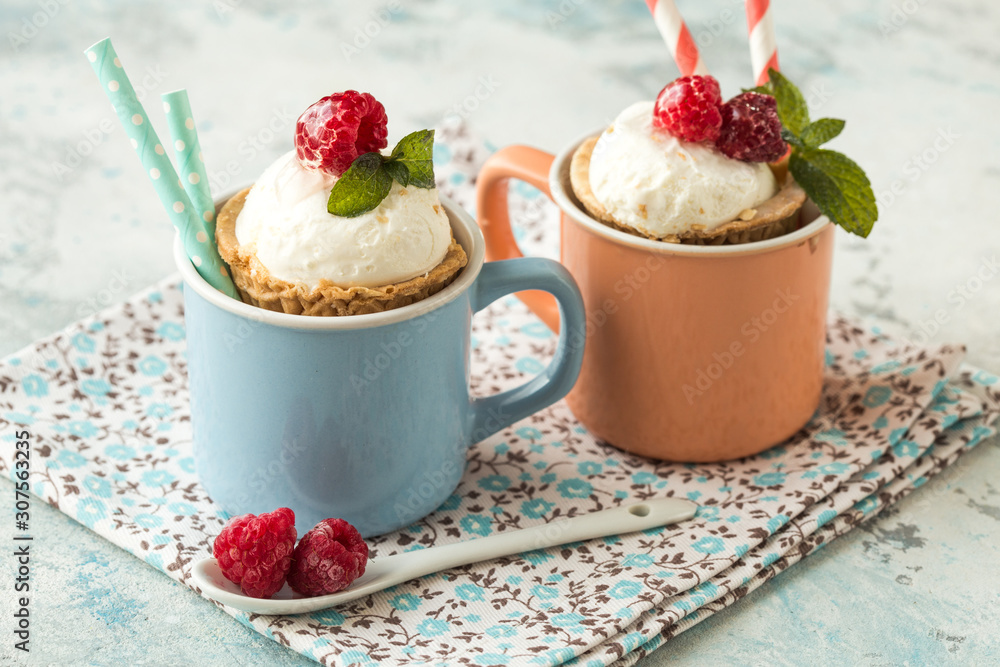 Homemade vanilla ice cream with fresh mint in color cup. Sweet berry summer dessert. concrete background copy space Homemade vanilla ice cream with fresh mint in color cup. Sweet berry summer dessert. concrete background copy space