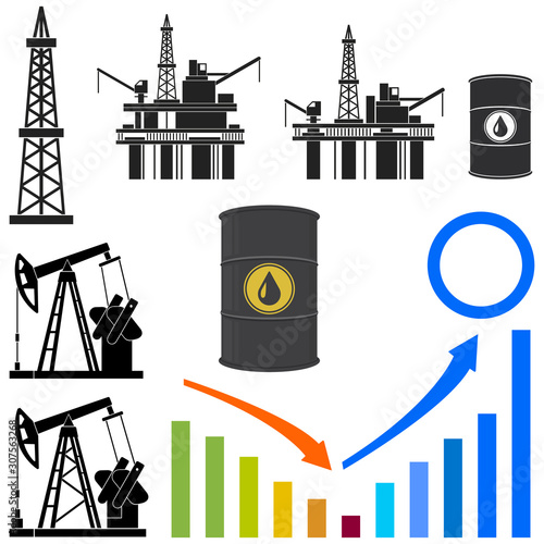 Oil pumpjack, derrick, oil platform, barrel, infographic elements. Abstract concept, icon set. Vector illustration.