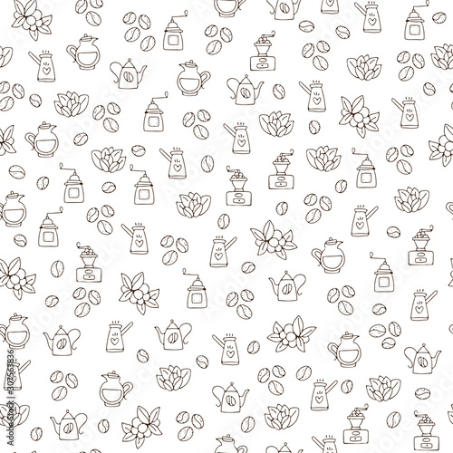 Vector seamless coffee pattern with coffee beans and leaves  sack of coffee seeds  cofe equipment. Hand draw cafe seamless pattern with light texture on white background