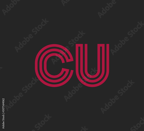 Initial two letter red line shape logo on black vector CU
