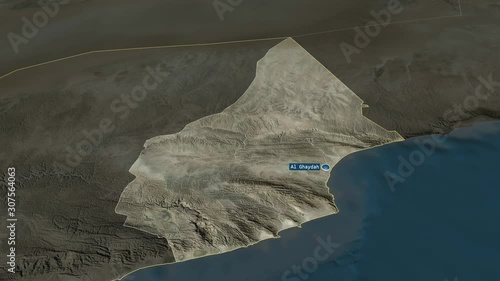 Al Mahrah - governorate of Yemen with its capital zoomed on the satellite map of the globe. Animation 3D photo