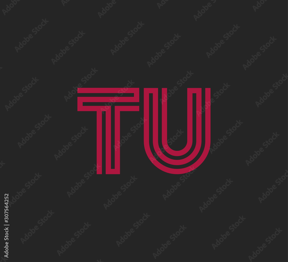 Initial two letter red line shape logo on black vector TU