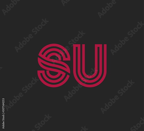 Initial two letter red line shape logo on black vector SU