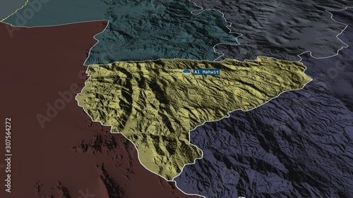 Al Mahwit - governorate of Yemen with its capital zoomed on the administrative map of the globe. Animation 3D photo