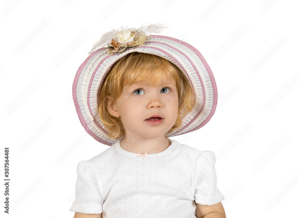 Portrait of a little adorable blonde girl with a hat on her head Portrait of a little adorable blonde girl with a hat on her head