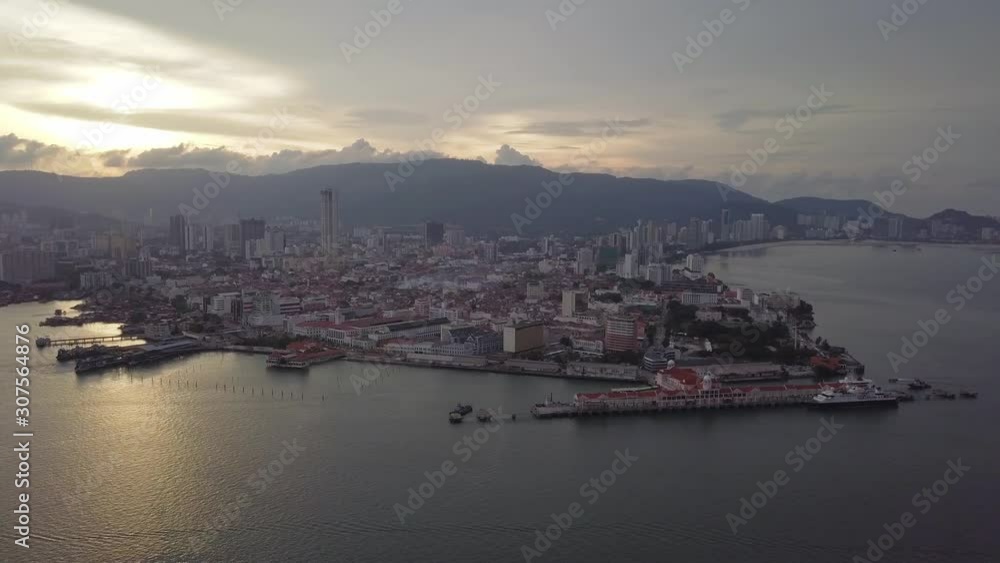 Aerial view Penang Island during sunset hour from Swettenham Pier Cruise (Georgetown UNESCO Heritage Site). Aerial view Penang Island during sunset hour from Swettenham Pier Cruise (Georgetown UNESCO Heritage Site).