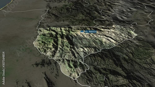 Al Mahwit - governorate of Yemen with its capital zoomed on the satellite map of the globe. Animation 3D photo