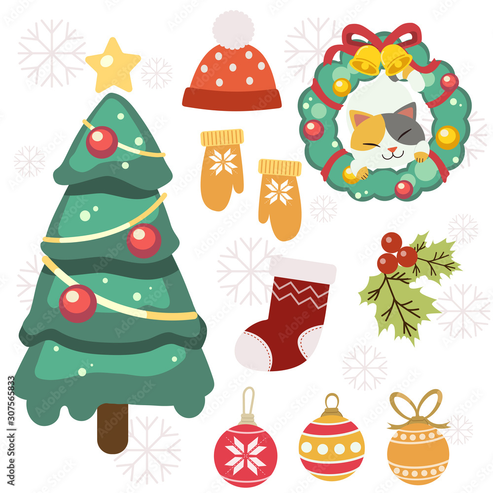 The collection of cute christmas element set. The cute christmas tree winter glove and winter hat and sock and holly leaf and christmas ball on white backgrond with snowflake. The collection of cute christmas element set. The cute christmas tree winter glove and winter hat and sock and holly leaf and christmas ball on white backgrond with snowflake.