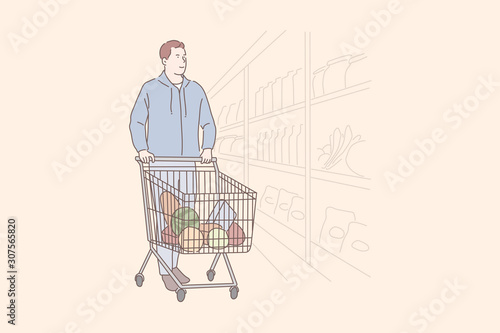 Grocery shopping, department store, commerce concept. Young man choosing fresh products, mall customer pushing cart, supermarket client with natural fruits and vegetables trolley. Simple flat vector