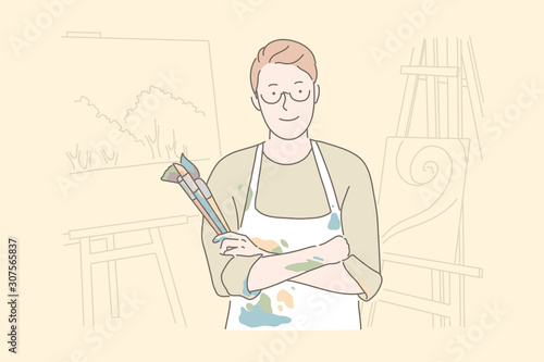 Painting hobby, art studio, workshop concept. Male painter in apron holding paintbrushes, young talented artist, drawing class teacher surrounded with pictures. Simple flat vector