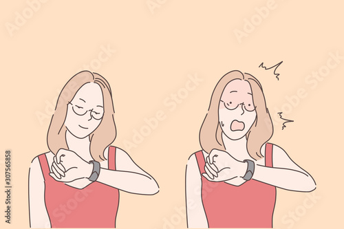 Bad time management, emotional reaction, stress concept. Shocked young woman looking at watch, college student late for meeting, office worker forgot about deadline. Simple flat vector
