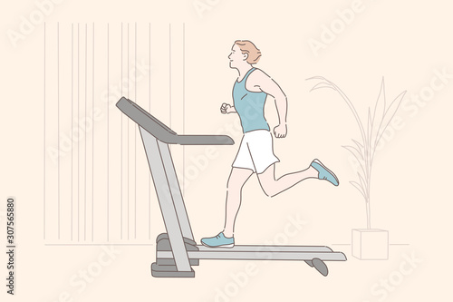 Sports workout, endurance home training, physical exercise concept. Young sportsman jogging on treadmill, healthy lifestyle, active recreation, man using gym equipment. Simple flat vector