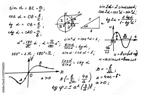 Vintage education background. Trigonometry law theory and mathematical formula equation on whiteboard. Vector hand-drawn illustration.