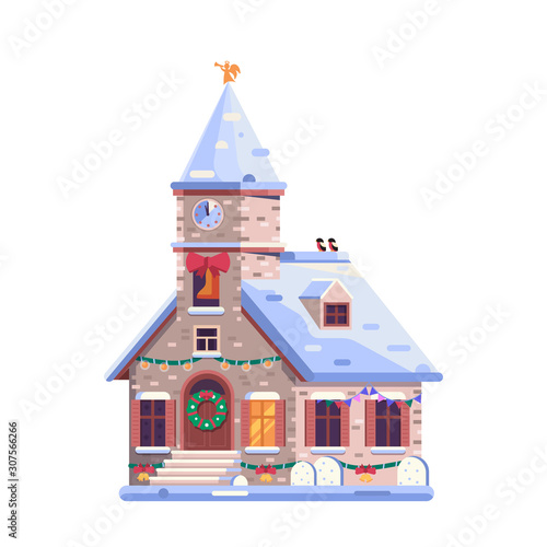 Holiday Christmas Decorated Church Icon in Flat