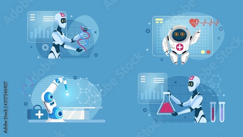 Smart Robotic Artificial Intelligence Medical Flat Set. Performing Surgery, Checking up Heartbeat and Conducting Laboratory DNA Tests. Future Medicine. AI Technology. Vector Cartoon Illustration