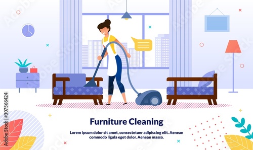 Home, Office Cleaning Company, Hotel Room Cleanup Service Trendy Vector Advertising Banner, Promo Poster Template. Housewife, Hotel Female Attendant Cleaning Furniture with Vacuum Cleaner Illustration
