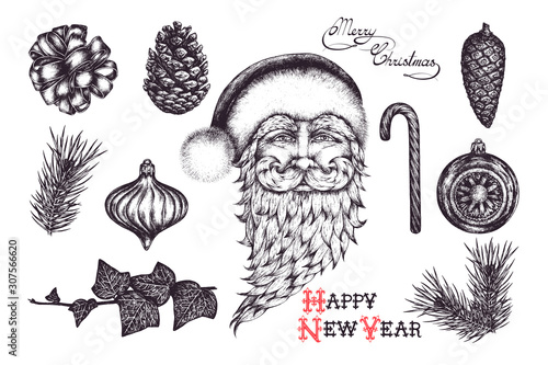Vector Vintage hand drawn Christmas decoration set. Isolated elements on white background. Santa Claus, lettering, pine branch, ribbon, candy, Christmas balls, cones, ivy plant. Ink pen illustration. 