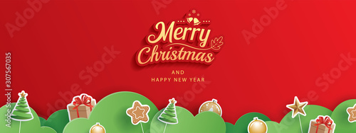 Merry christmas and happy new year red greeting card in paper art banner template. Use for header website, cover, flyer.