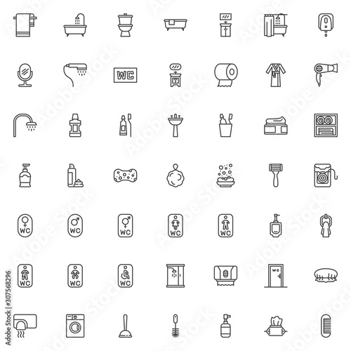 Bathroom accessories icons set. linear style symbols collection, outline signs pack. vector graphics. Set includes icons as bath, bathtub, toilet, lavatory, restroom, towel, water, soap dispenser