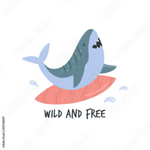 Photography Funny cartoon surfing shark in a flat style.