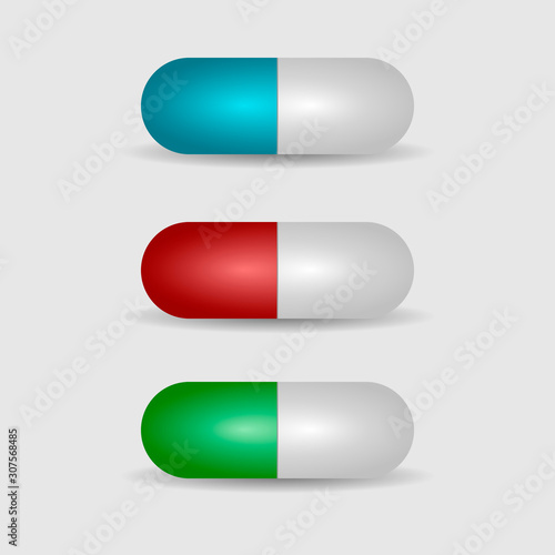 Tablets. Medical capsules. Pharmacy painkillers medicine, vitamins. Isolated objects on a white background. EPS 10