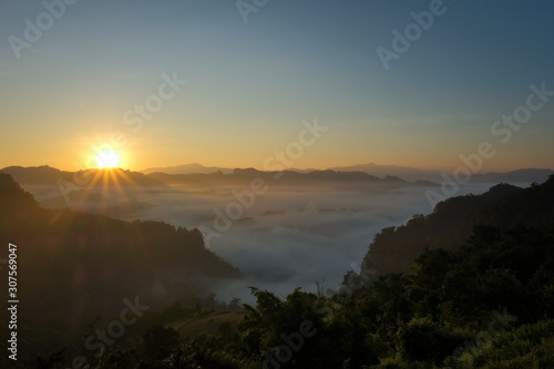Beautiful landscape with mist and sunrise at Ban Ja Bow , Pang Ma Pha ,Mae Hong Son province ,Thailand.