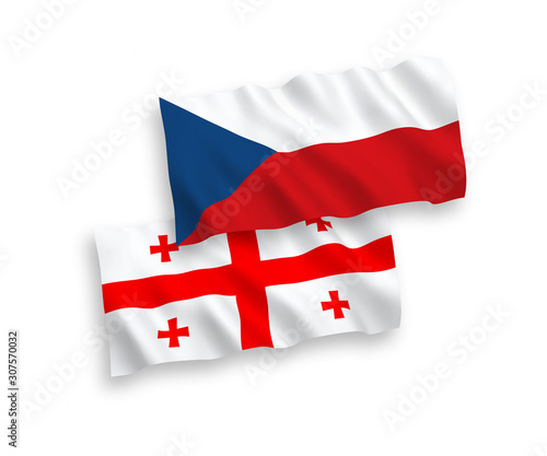 National vector fabric wave flags of Czech Republic and Georgia isolated on white background. 1 to 2 proportion.