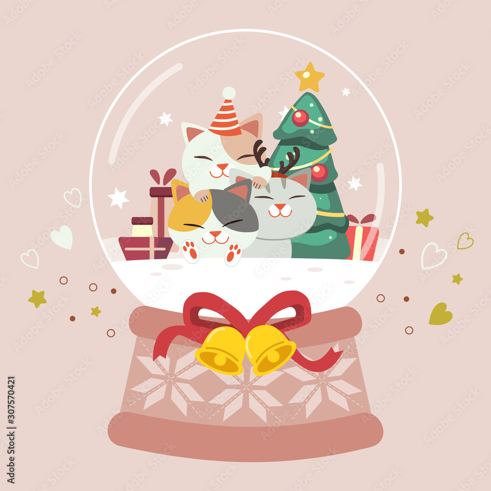 The character of cute cat and friends happy with the party in the snow globe. In the snow globe have cute cat and gift box and christmas tree. The character of cute cat in flat vector style. The character of cute cat and friends happy with the party in the snow globe. In the snow globe have cute cat and gift box and christmas tree. The character of cute cat in flat vector style.