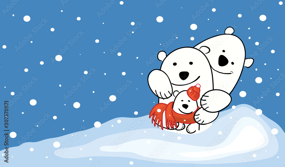 happy family of three polar bears on a background of a snowy landscape. cheerful winter mood happy family of three polar bears on a background of a snowy landscape. cheerful winter mood