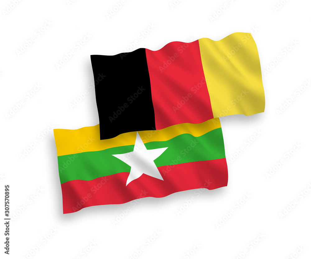 National vector fabric wave flags of Myanmar and Belgium isolated on white background. 1 to 2 proportion. National vector fabric wave flags of Myanmar and Belgium isolated on white background. 1 to 2 proportion.