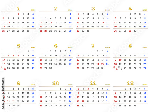 2020年シンプルカレンダー　年間