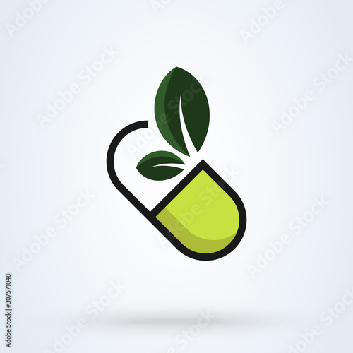 herbal capsule pill leaf medicine drug logo. modern icon design illustration.