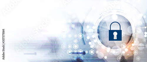 internet digital security technology concept for business background. Lock on circuit board
