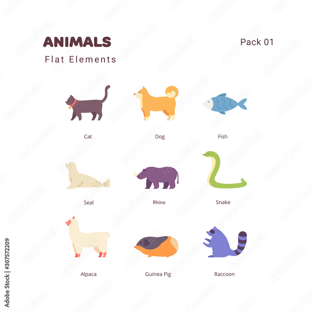 Animals flat color illustration elements icons