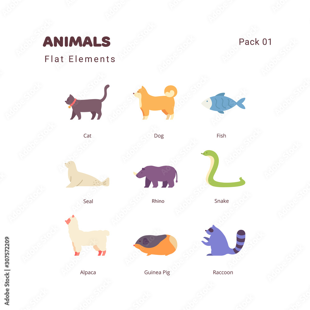 Obraz premium Animals flat color illustration elements icons