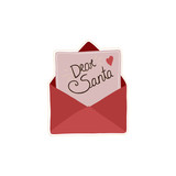 Christmas phrase “Dear Santa” isolated on envelope with letter. Vector overlay template. Holiday illustration. Perfect for Christmas cards, decorations, invitations, banners, labels, discounts. 