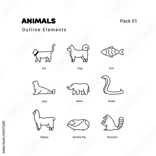Animals outline elements icons set