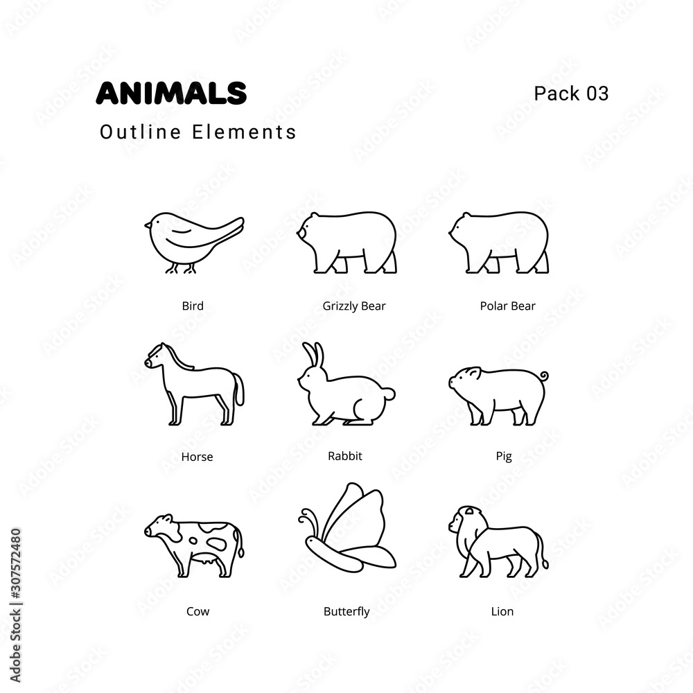 Animals outline elements icons set Animals outline elements icons set