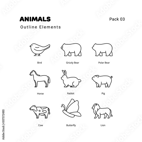Animals outline elements icons set